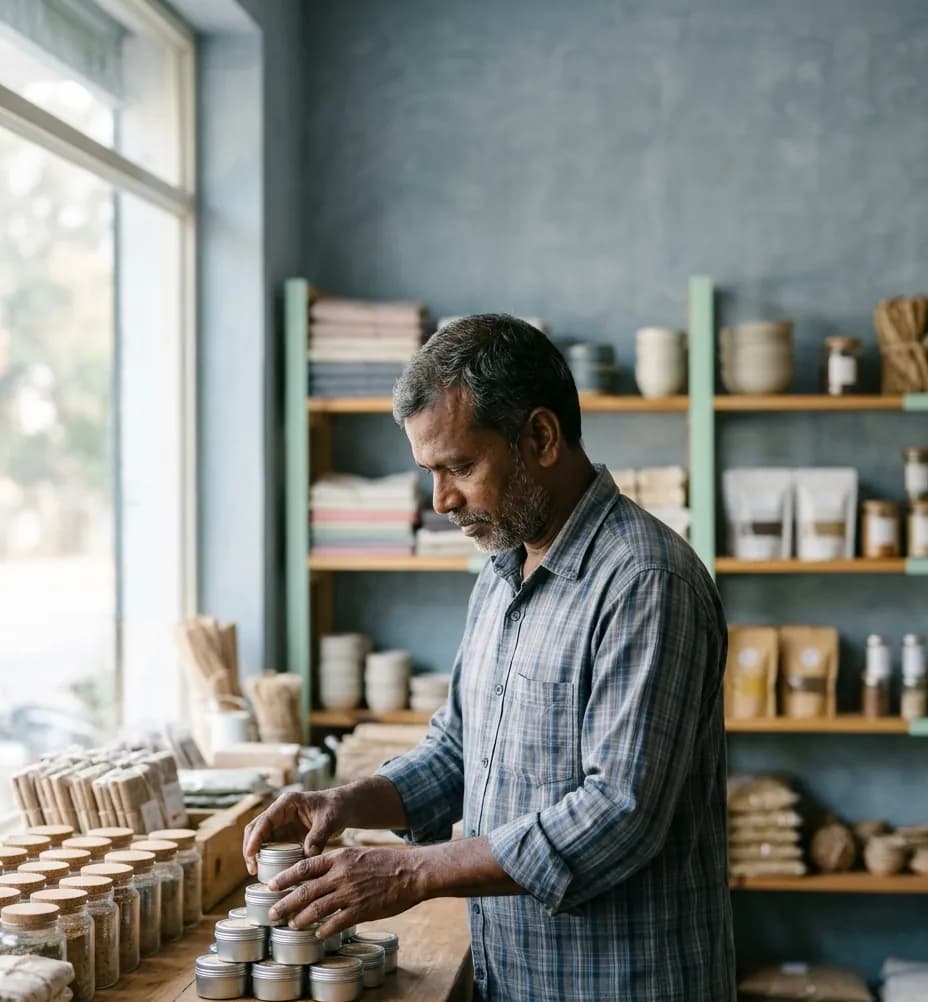 A shop owner arranging products at the counter in soft morning light