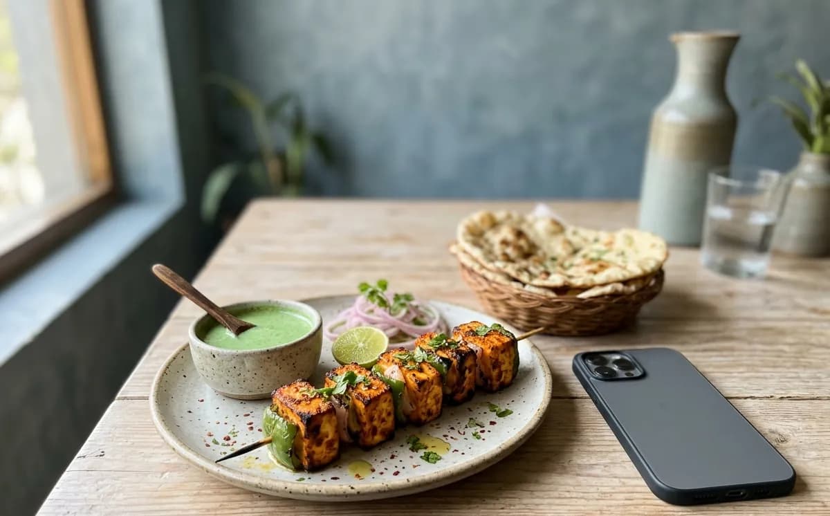 A neatly plated dish beside a phone showing a food delivery menu