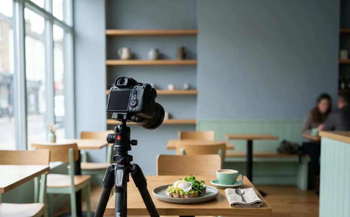 A camera on a tripod in a bright, tidy shop interior