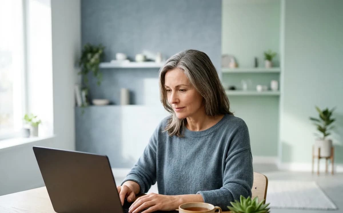 A business owner reading search results on a laptop in a bright room
