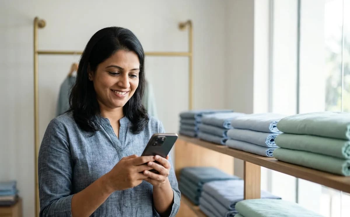 A smiling shop owner holding a phone showing a neat business profile