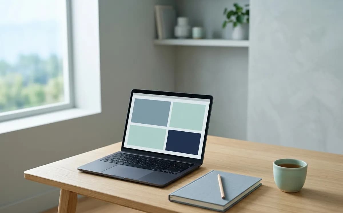 A calm workspace with a laptop showing a clean business website