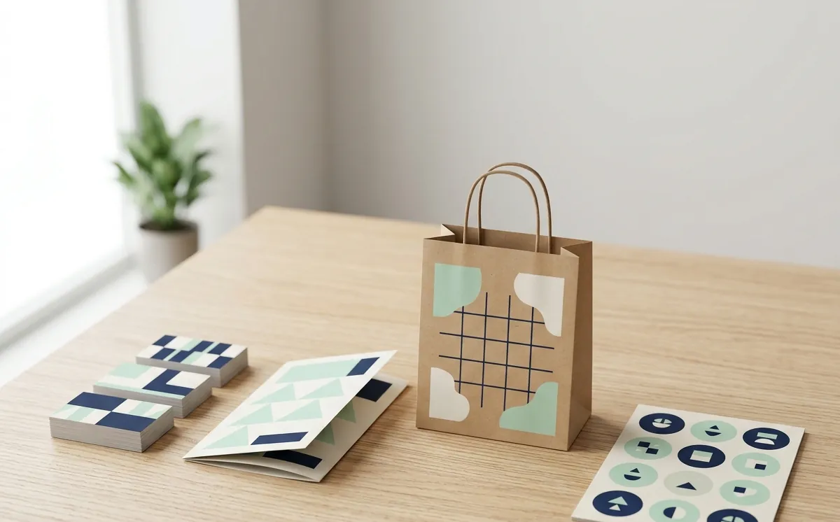 Neatly arranged business cards, a brochure and a paper bag on a light table